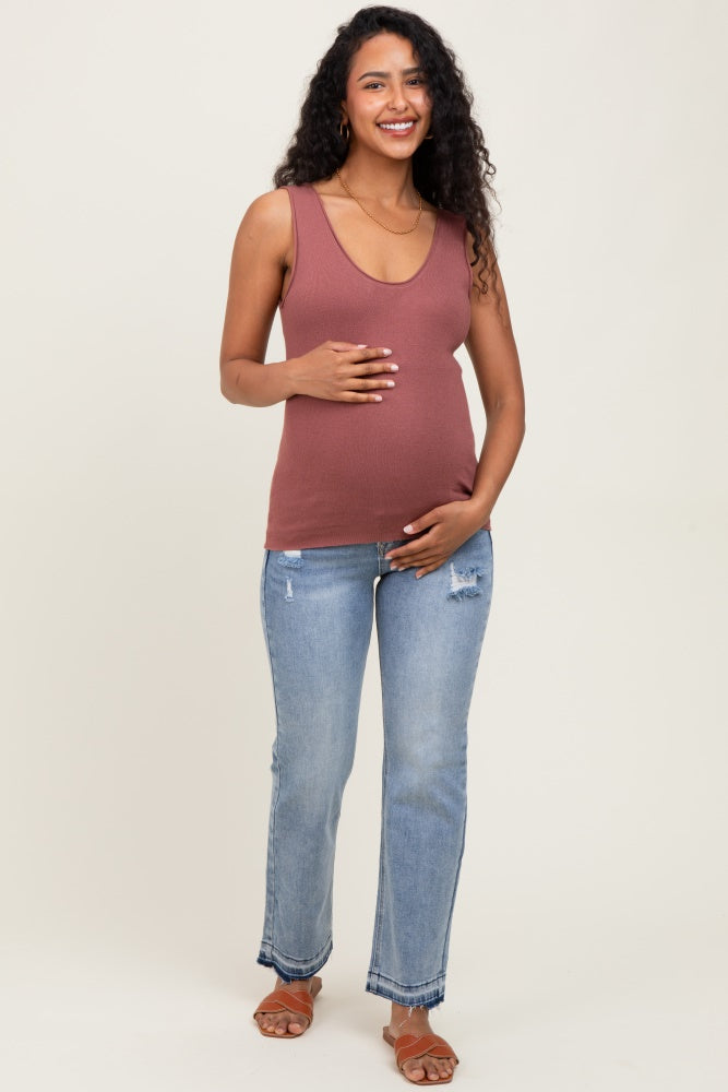 Light Blue Distressed Raw Hem Maternity Ankle Straight Leg Jeans