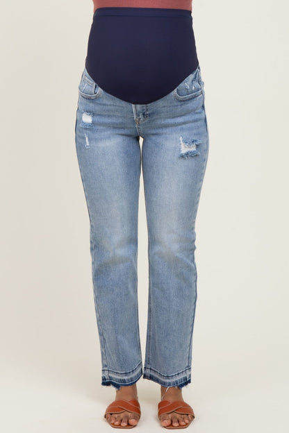 Light Blue Distressed Raw Hem Maternity Ankle Straight Leg Jeans