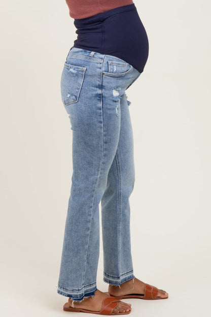 Light Blue Distressed Raw Hem Maternity Ankle Straight Leg Jeans