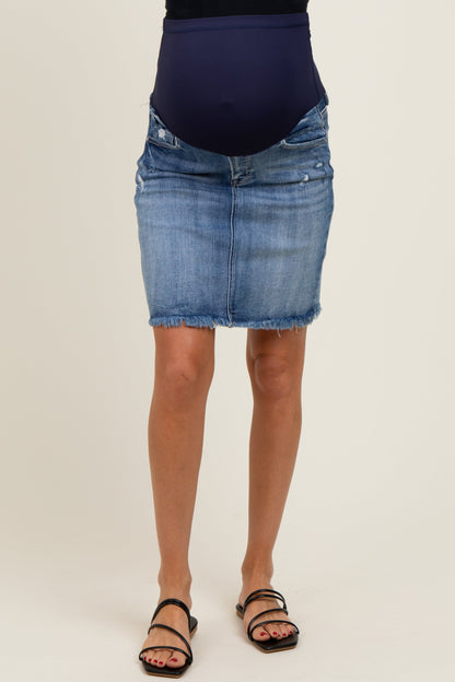 Blue Distressed Fringe Hem Maternity Mini Denim Skirt
