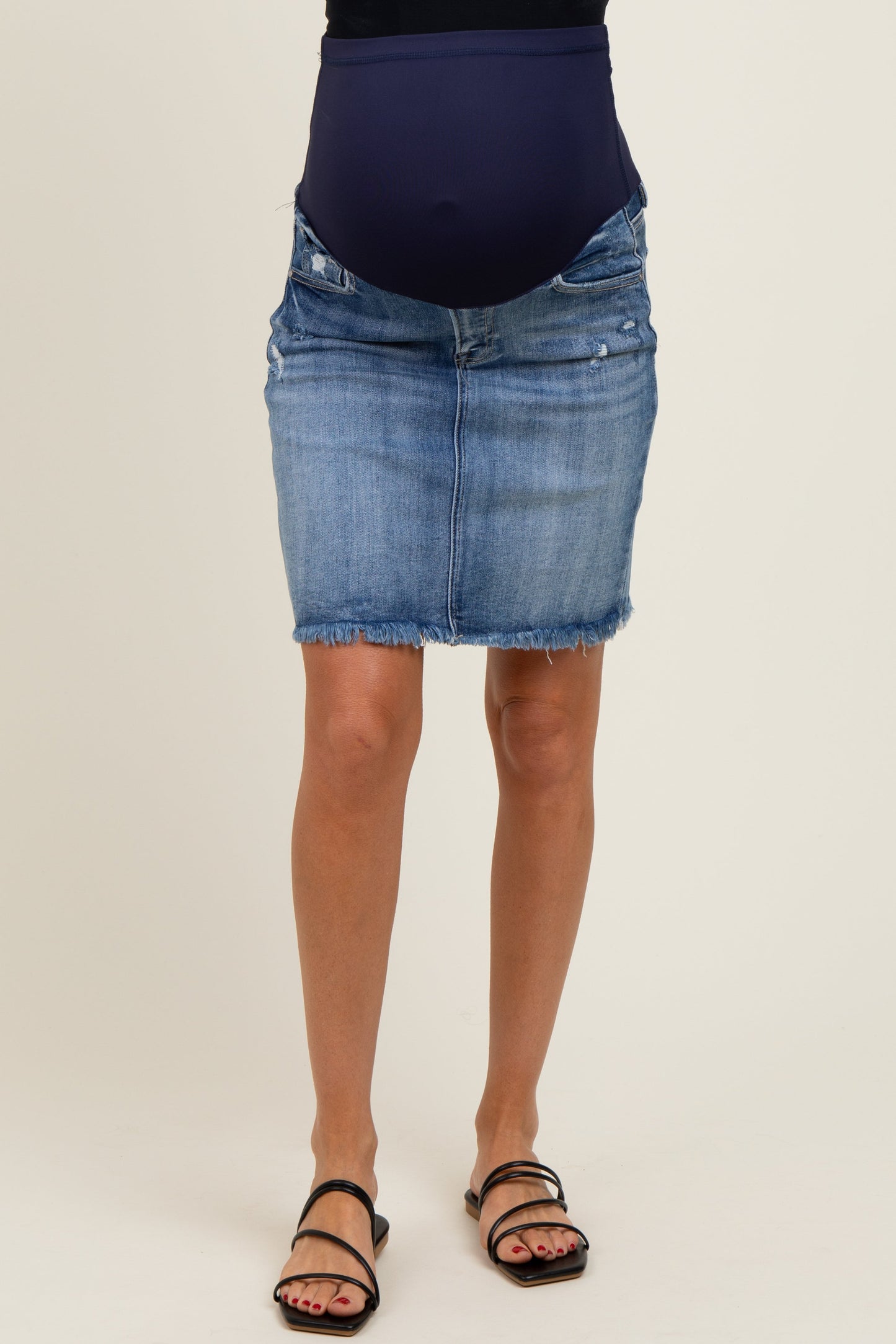 Blue Distressed Fringe Hem Maternity Mini Denim Skirt