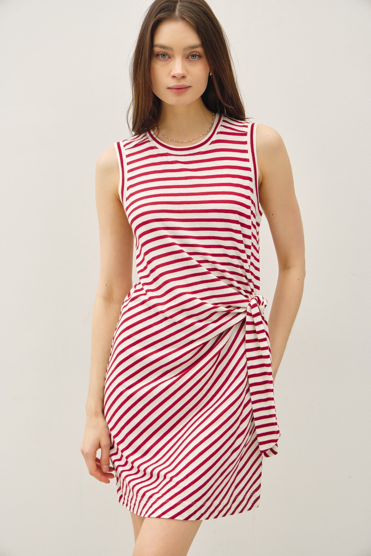 Red Striped Sleeveless Side Tie Maternity Mini Dress