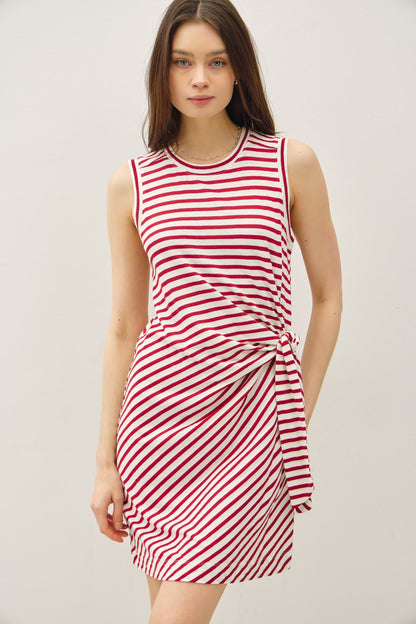 Red Striped Sleeveless Side Tie Maternity Mini Dress