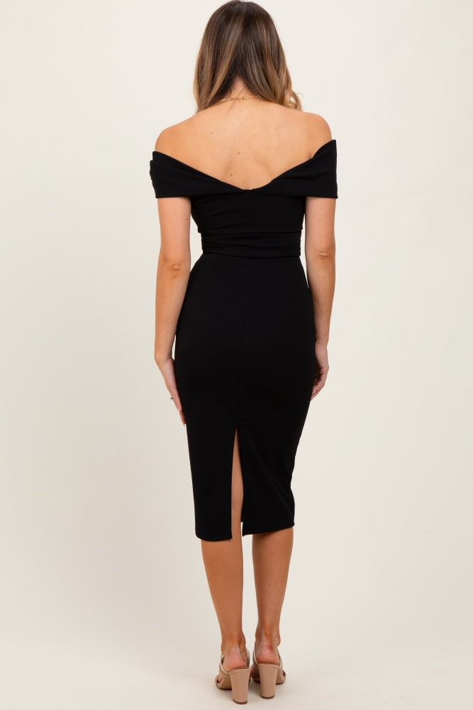 Black Off Shoulder Fitted Midi Dress