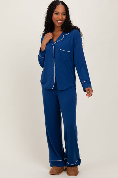 Navy Button Down Top Wide Leg Pant Pajama Set
