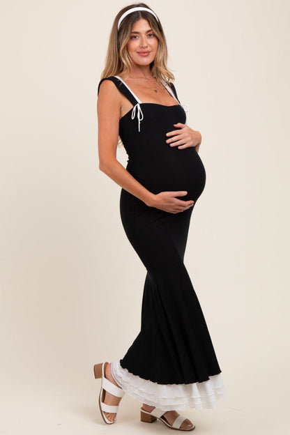 Black Knit Tie Detail Sleeveless Mermaid Maxi Maternity Dress