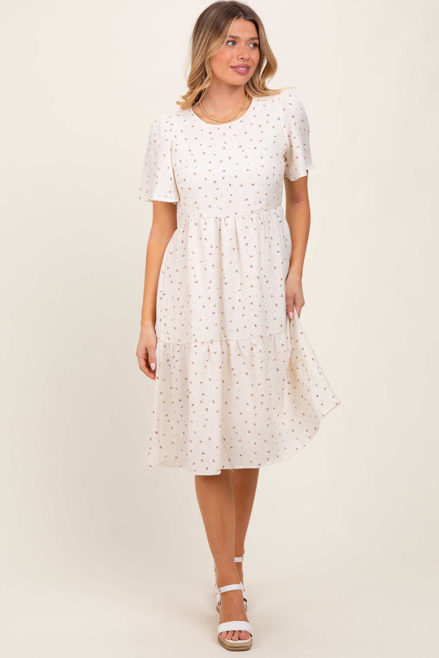 Ivory Floral Short Sleeve Tiered Midi Dress