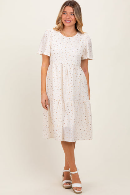 Ivory Floral Short Sleeve Tiered Midi Dress