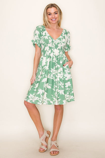 Light Olive Floral Smocked Puff Sleeve Dress
