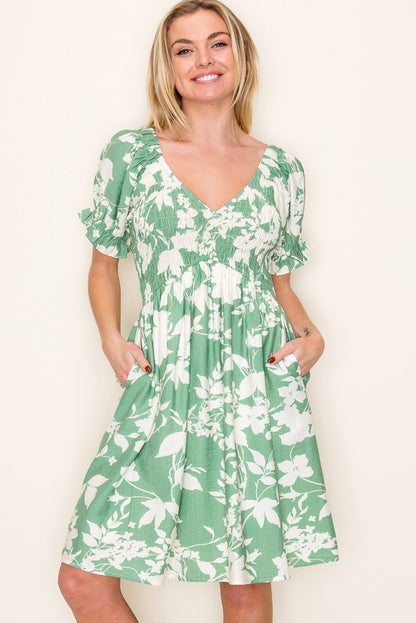 Light Olive Floral Smocked Puff Sleeve Dress