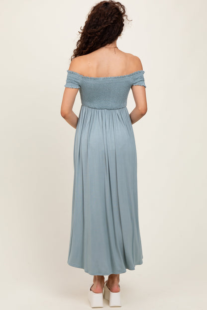 Light Olive Smocked Off The Shoulder Midi Dress