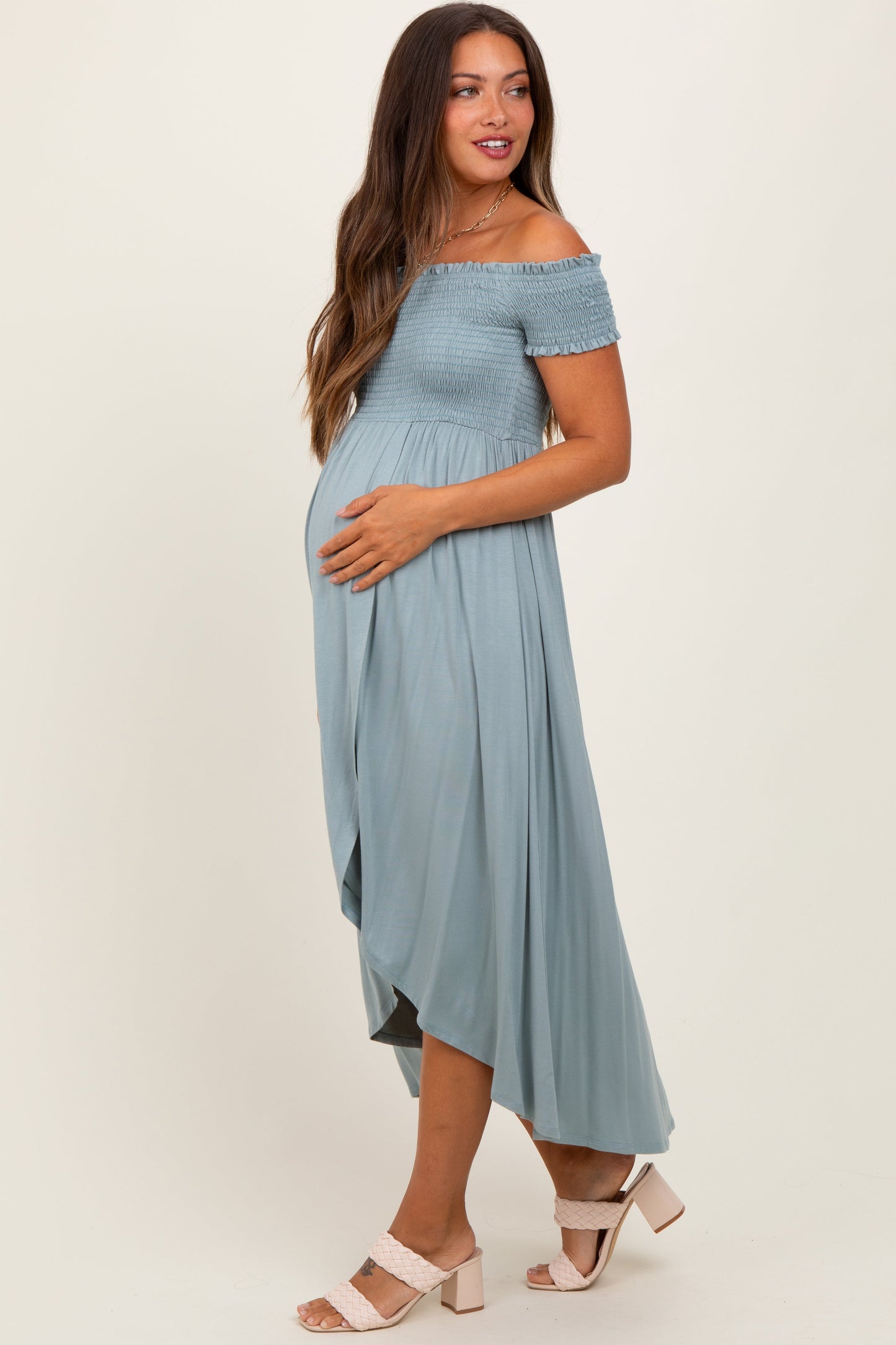 Light Olive Smocked Off The Shoulder Maternity Midi Dress