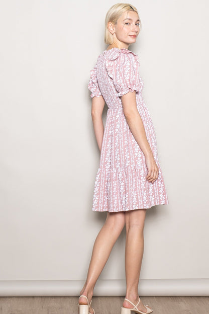 Pink Floral Smocked Ruffle Accent Dress