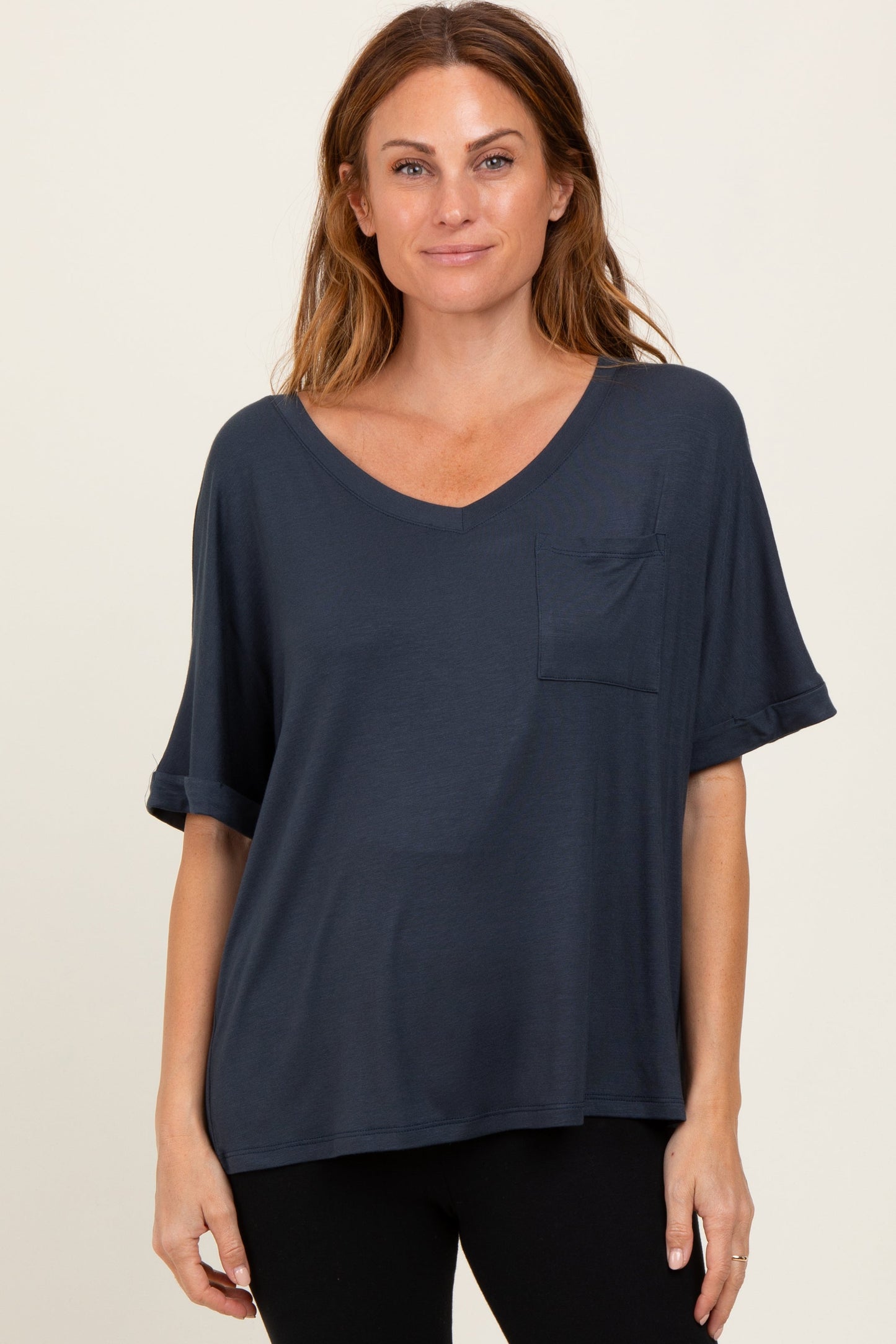 Charcoal Oversized V-Neck Front Pocket Maternity T-Shirt