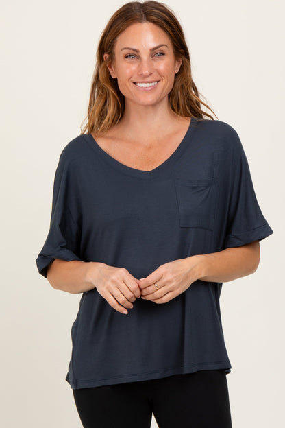 Charcoal Oversized V-Neck Front Pocket T-Shirt