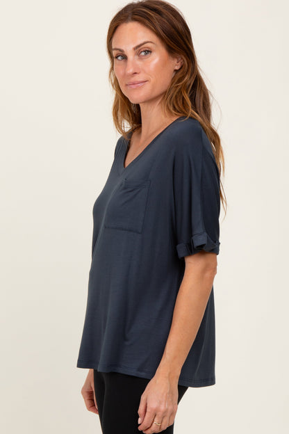 Charcoal Oversized V-Neck Front Pocket T-Shirt
