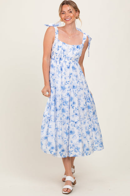 Blue Floral Shoulder Tie Tiered Midi Dress