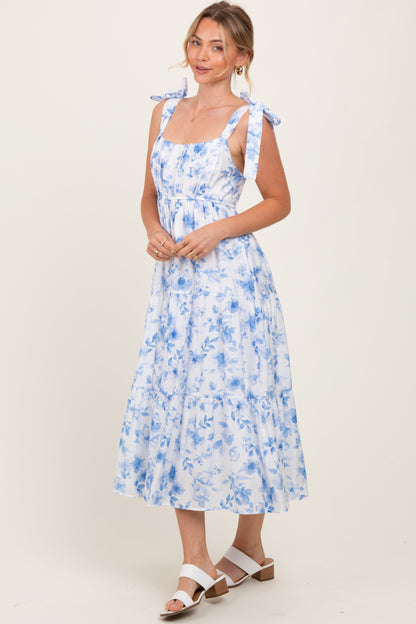 Blue Floral Shoulder Tie Tiered Midi Dress