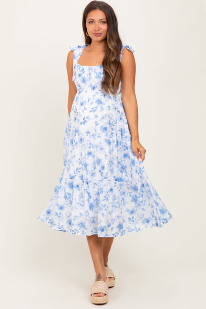 Blue Floral Shoulder Tie Tiered Maternity Midi Dress