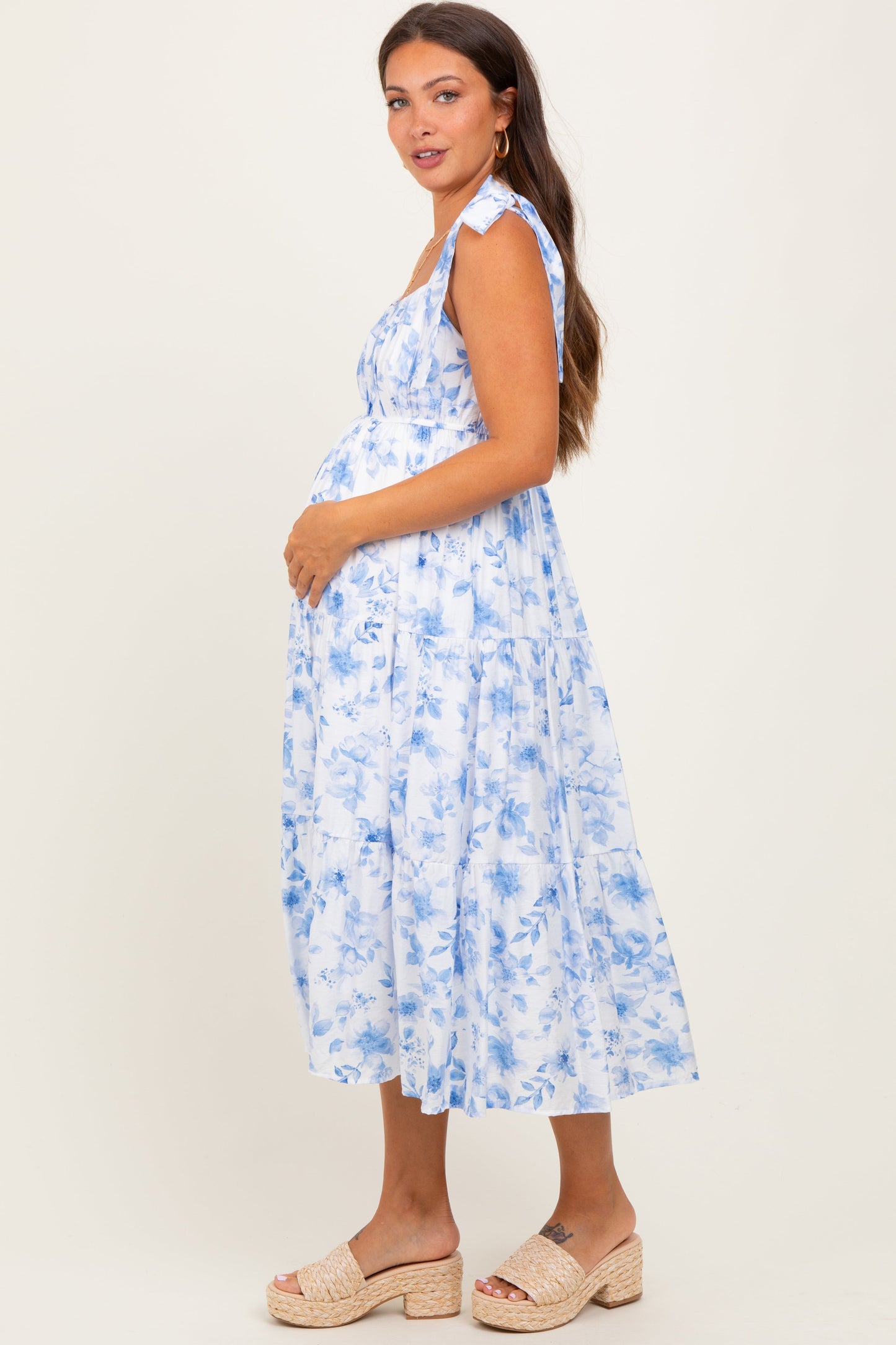 Blue Floral Shoulder Tie Tiered Maternity Midi Dress