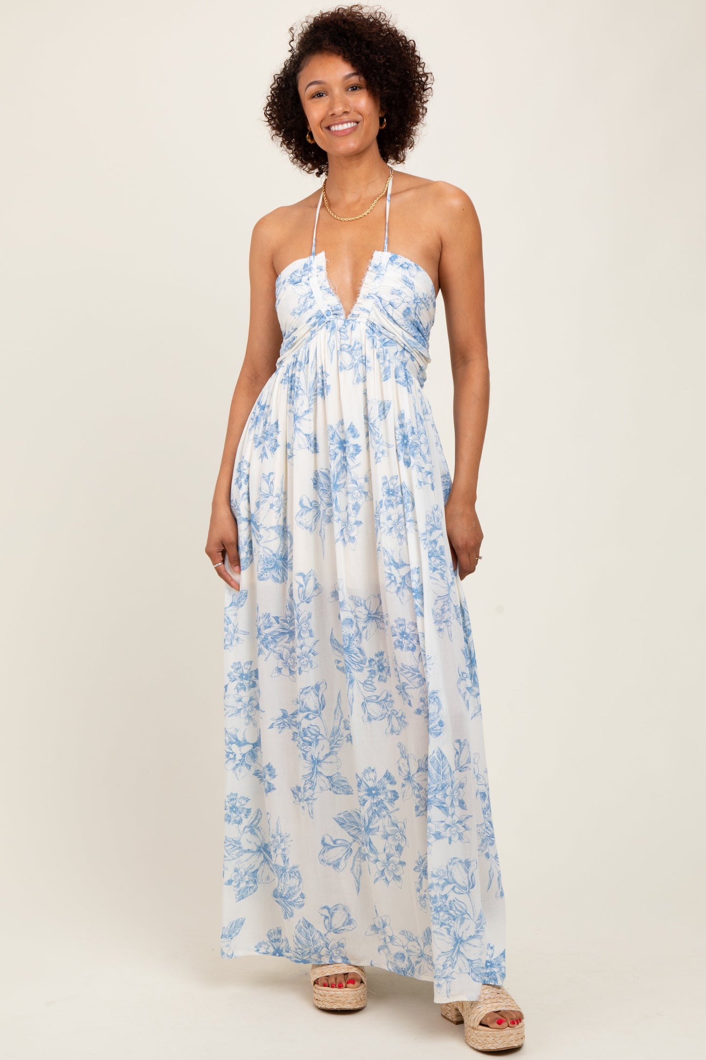 Light Blue Floral Tie-Back Halter Maternity Maxi Dress