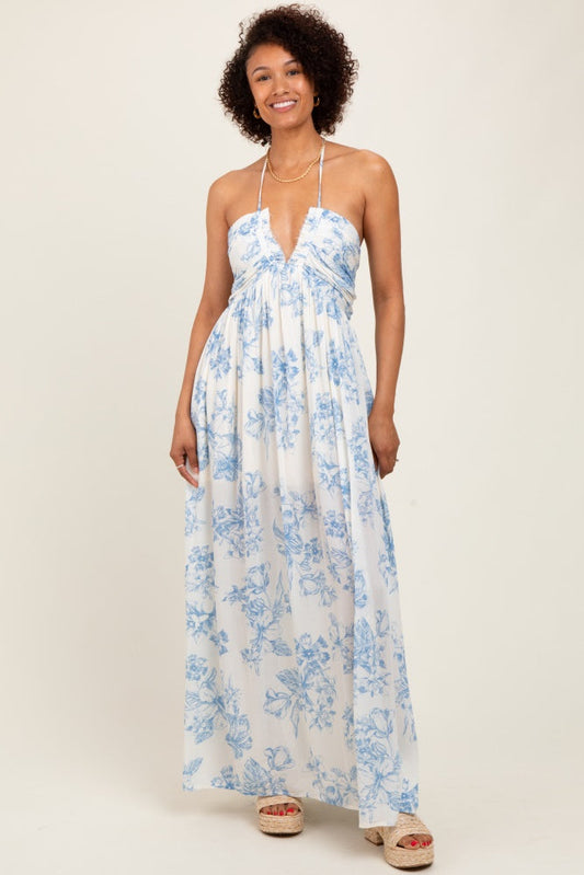 Light Blue Floral Tie-Back Halter Maxi Dress