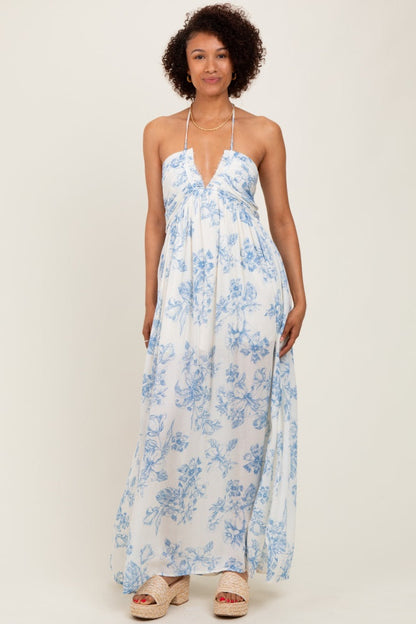 Light Blue Floral Tie-Back Halter Maxi Dress