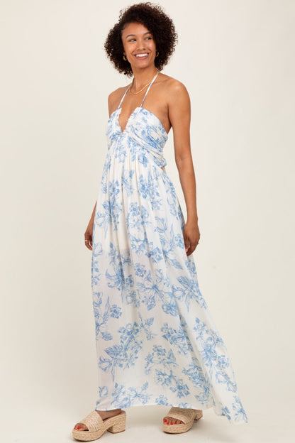 Light Blue Floral Tie-Back Halter Maxi Dress