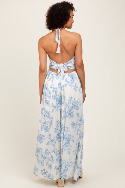 Light Blue Floral Tie-Back Halter Maxi Dress