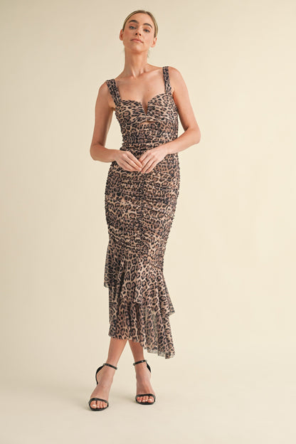 Mocha Animal Print Ruched Mermaid Maternity Midi Dress