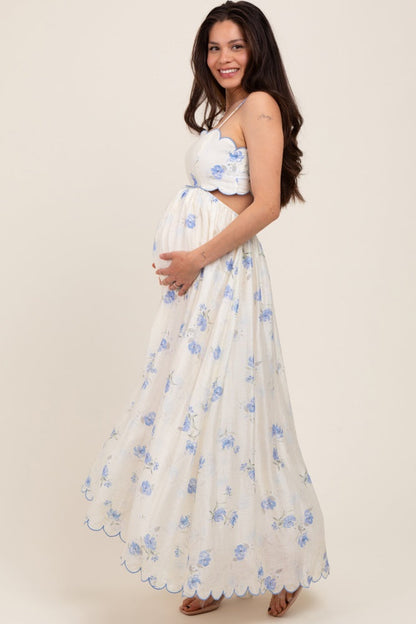 Blue Floral Scallop Edge Back Cutout Maternity Maxi Dress