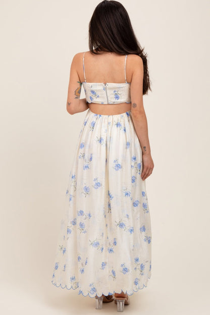 Blue Floral Scallop Edge Back Cutout Maternity Maxi Dress