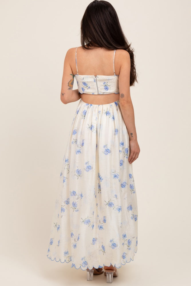 Blue Floral Scallop Edge Back Cutout Maternity Maxi Dress