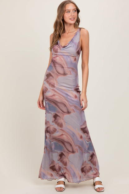 Mauve Watercolor Draped Neck Maxi Dress