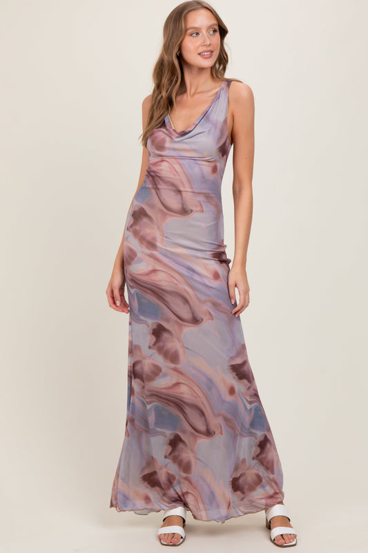 Mauve Watercolor Draped Neck Maxi Dress