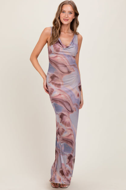 Mauve Watercolor Draped Neck Maxi Dress
