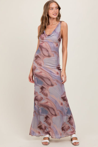 Mauve Watercolor Draped Neck Maternity Maxi Dress