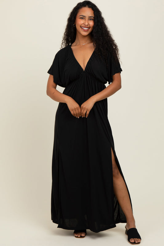Black V-Neck Flutter Sleeve Side Slit Maxi Dress