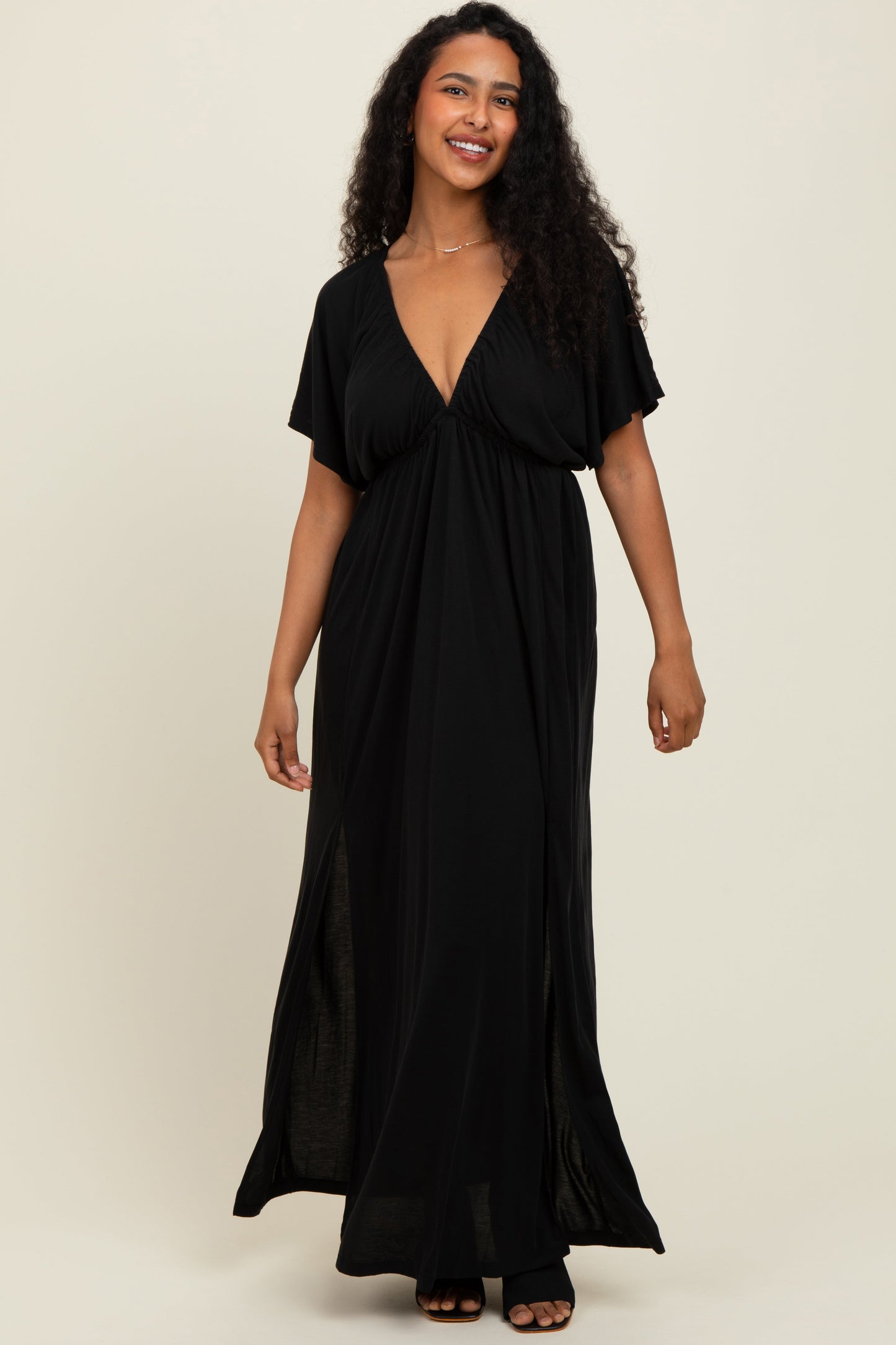 Black V-Neck Flutter Sleeve Side Slit Maxi Dress