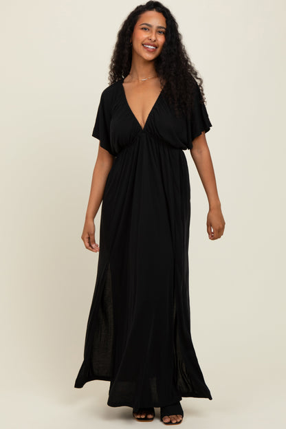 Black V-Neck Flutter Sleeve Side Slit Maxi Dress
