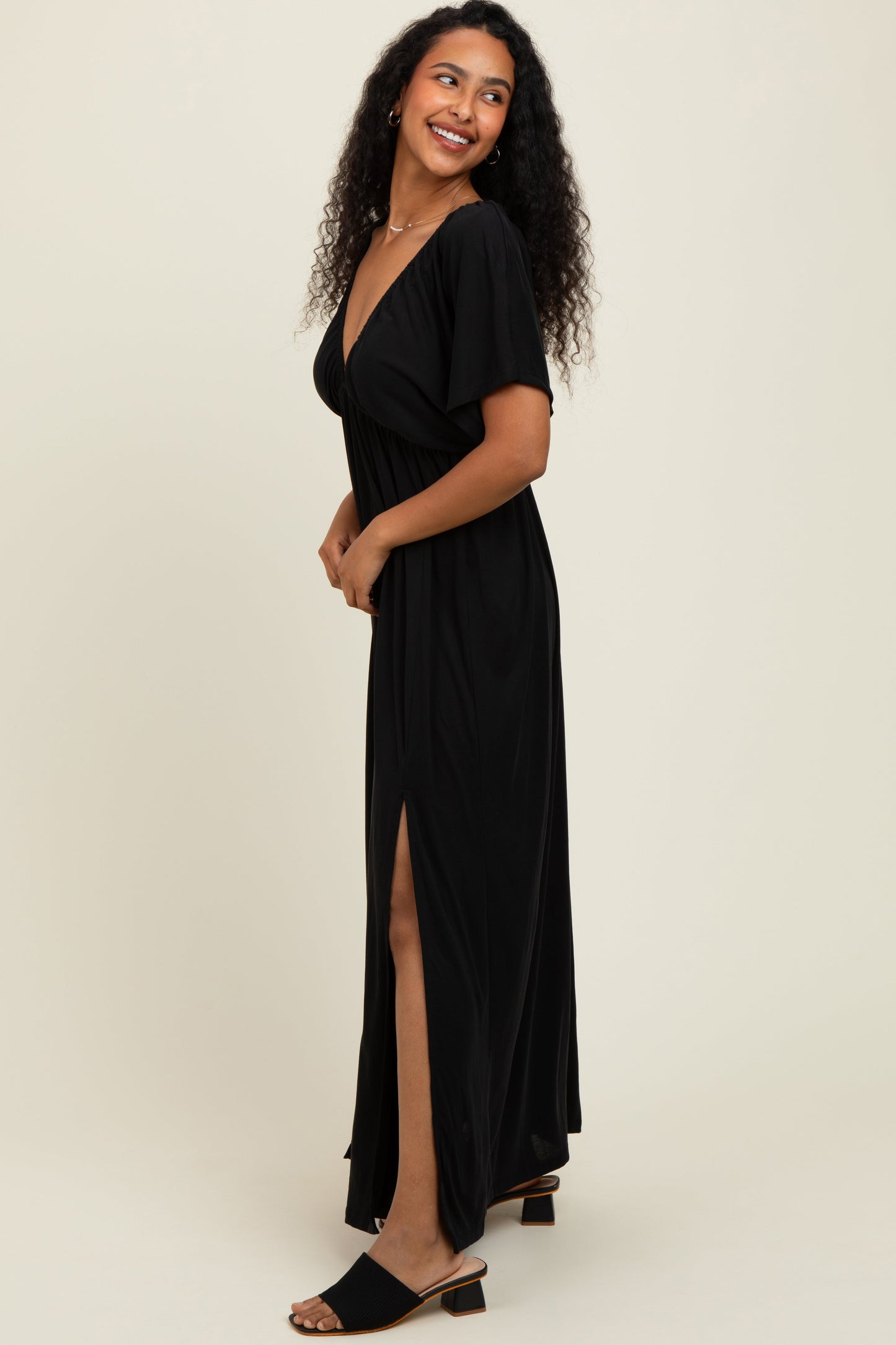 Black V-Neck Flutter Sleeve Side Slit Maxi Dress