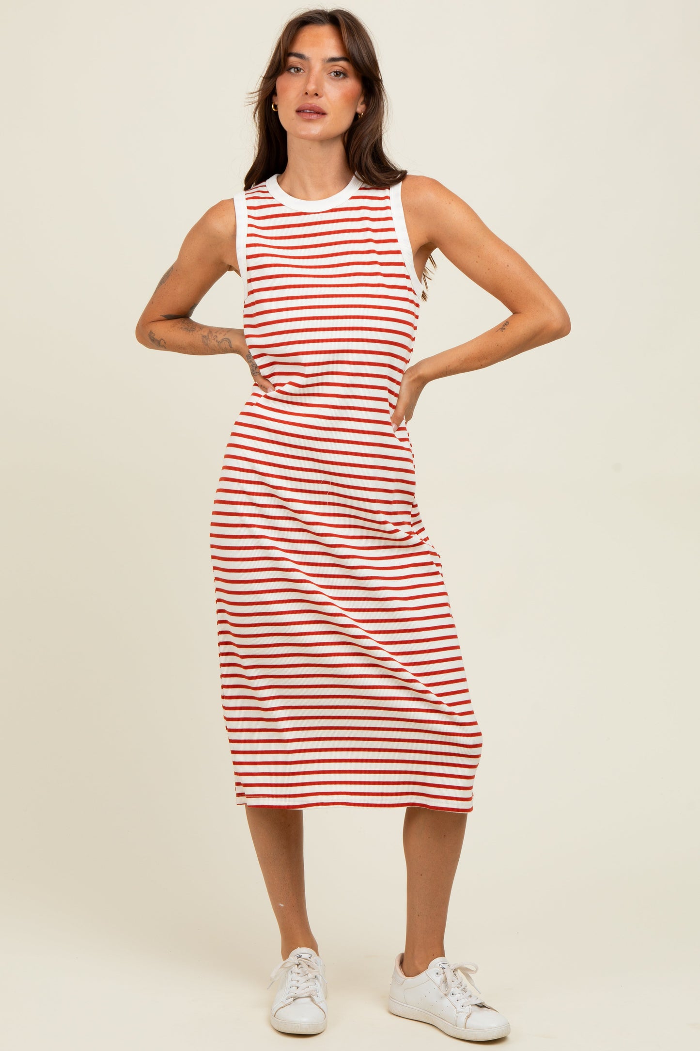 Red Striped Ribbed Knit Sleeveless Midi Dress