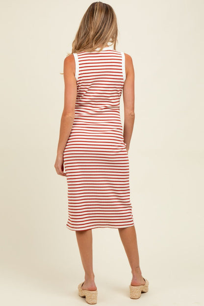 Red Striped Ribbed Knit Sleeveless Maternity Midi Dress