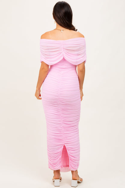 Light Pink Ruched Mesh Foldover Off Shoulder Maxi Dress