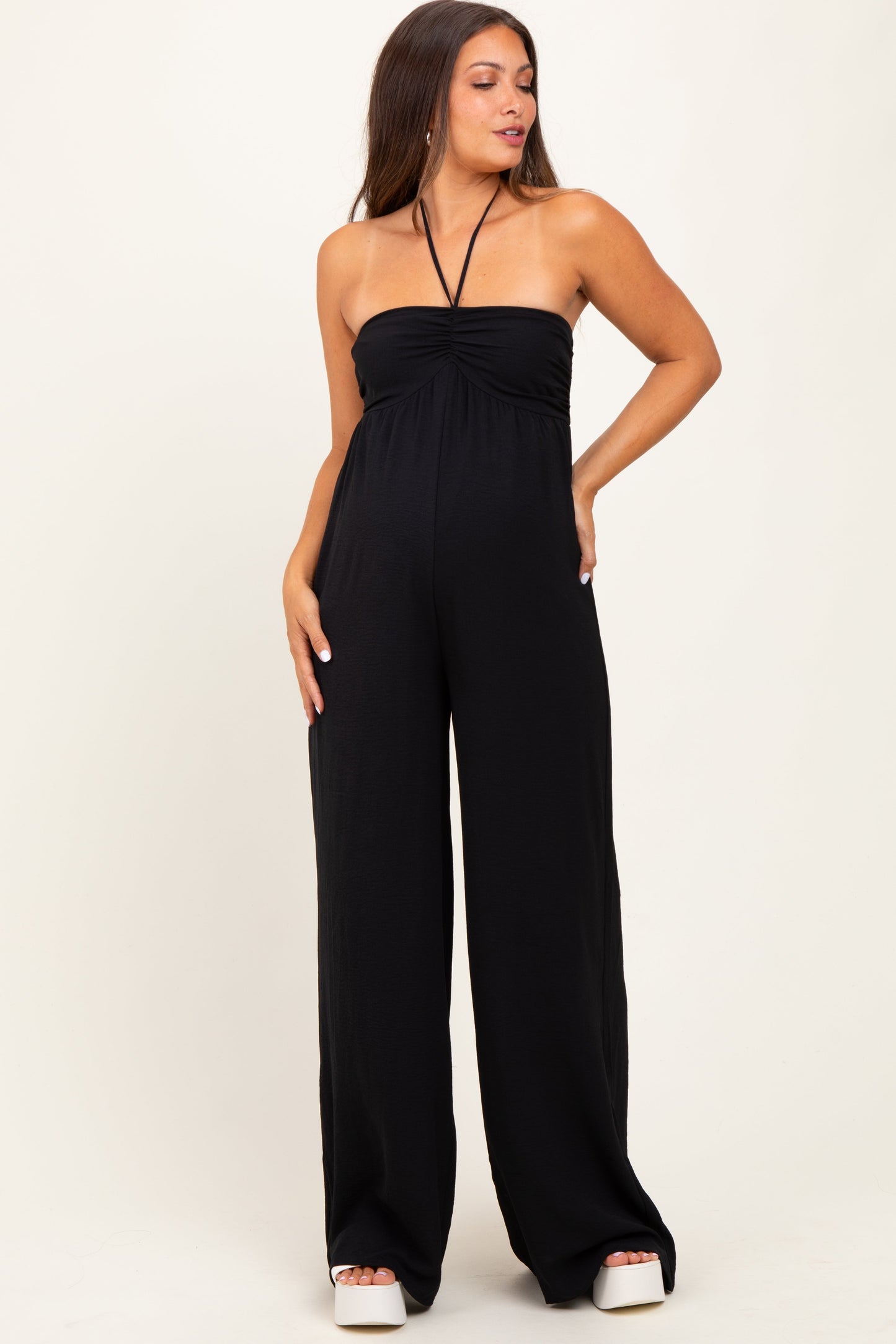 Black Halter Neck Wide Leg Maternity Jumpsuit