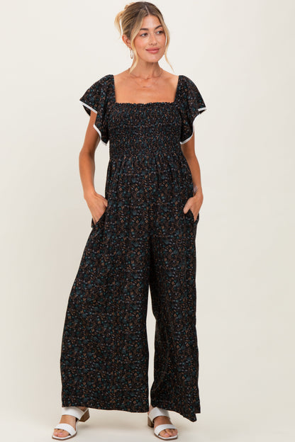 Black Floral Smocked Lace Trim Wide Leg Maternity Jumpsuit