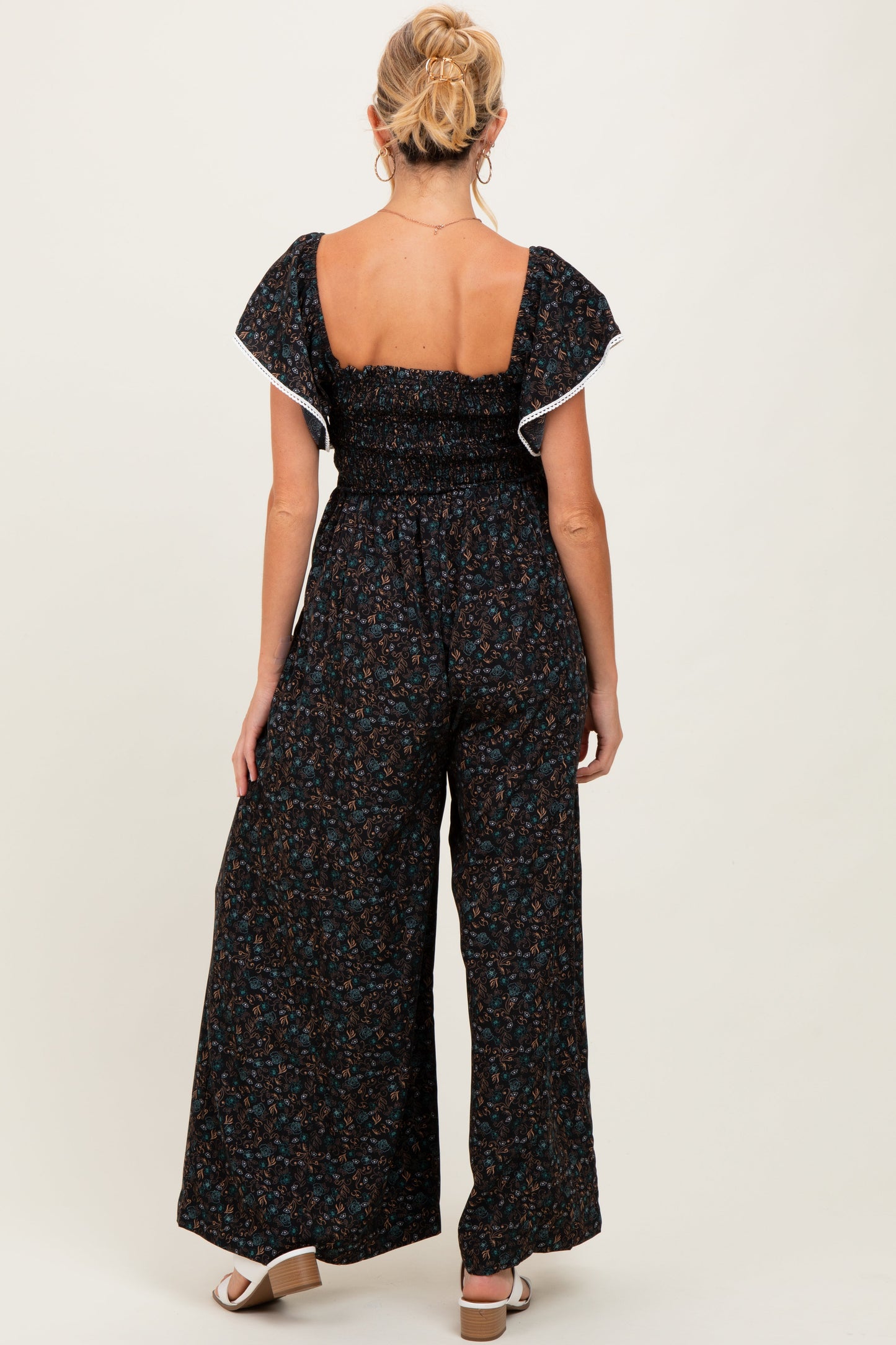 Black Floral Smocked Lace Trim Wide Leg Maternity Jumpsuit