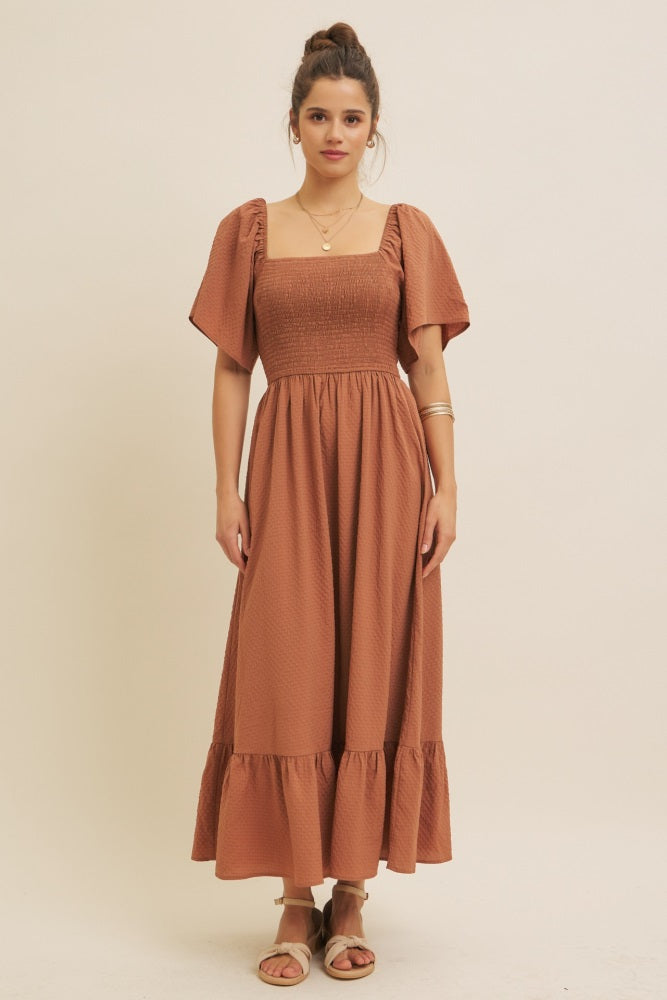 Camel Convertible Stretchy Smocked Maxi Dress