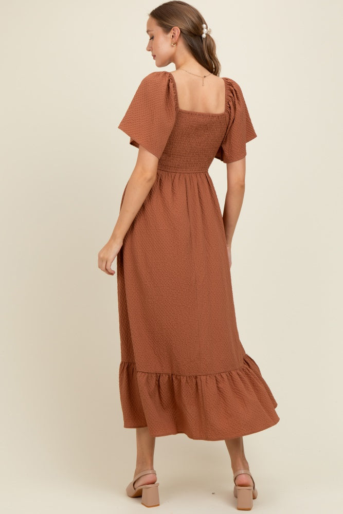 Camel Convertible Stretchy Smocked Maternity Maxi Dress