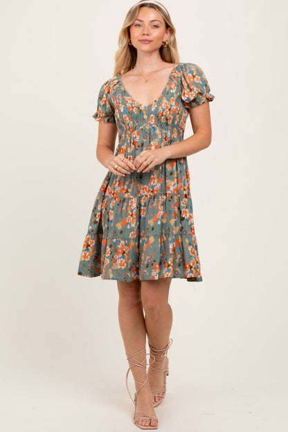 Olive Floral Smocked V-Neck Puff Sleeve Dress